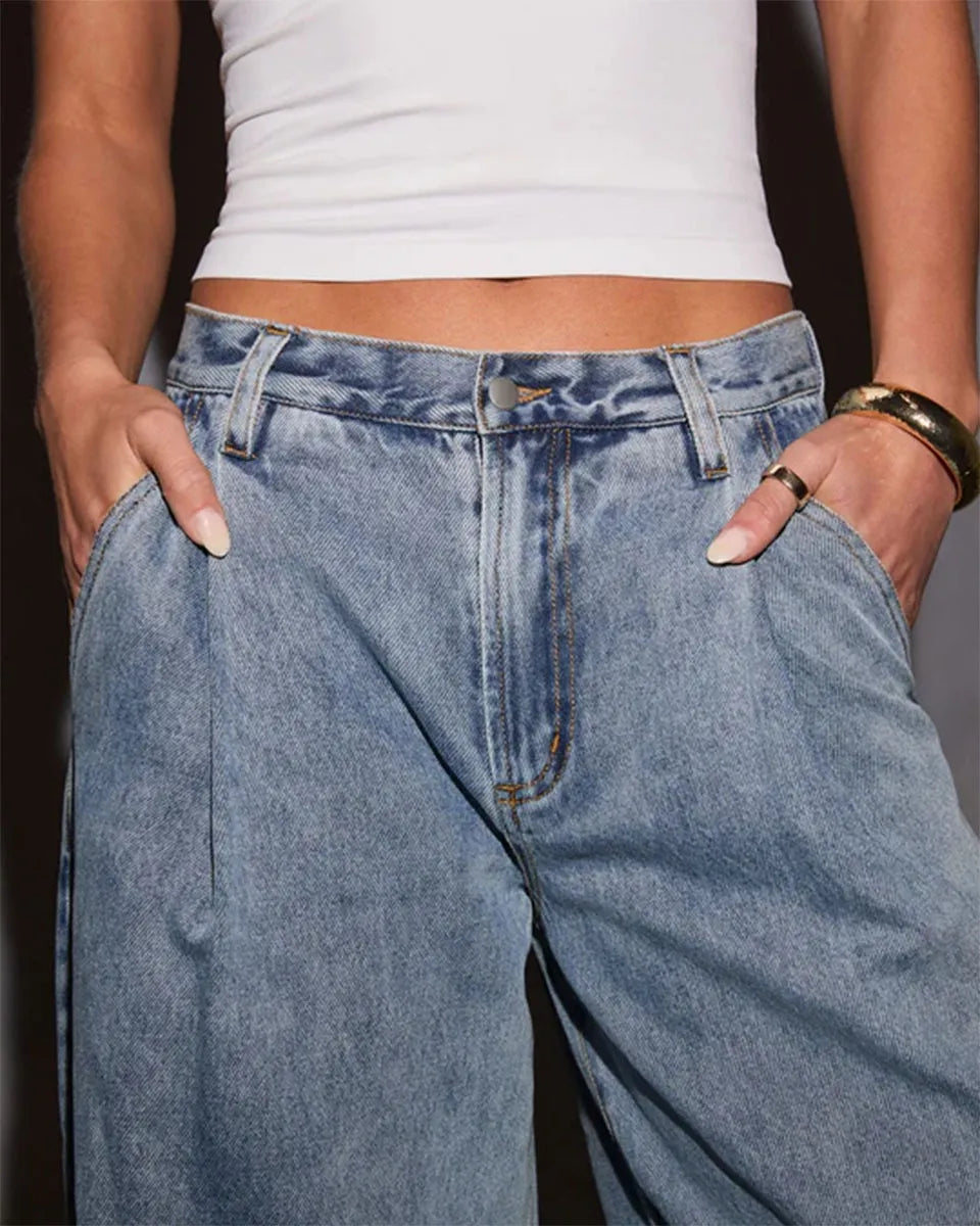 Light Denim Pleat Front Straight Leg Jeans