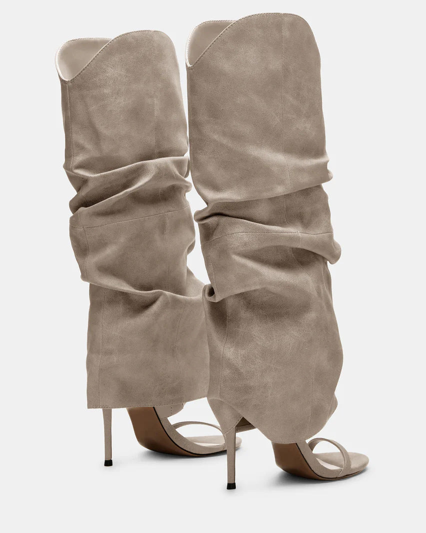 Arianne | Women's Open Toe Ruched Slouchy Stiletto Knee High Heel Boots