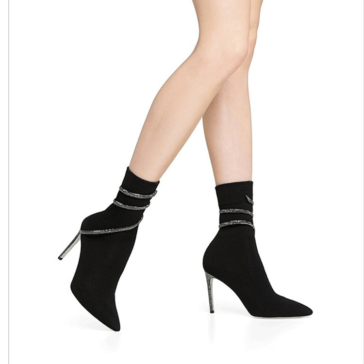 Lilou | Women's Pointed Toe Wrap Strap Stiletto Rhinestone Ankle Boots