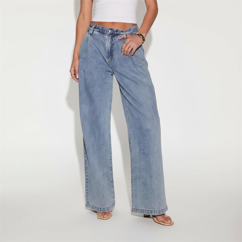 Light Denim Pleat Front Straight Leg Jeans
