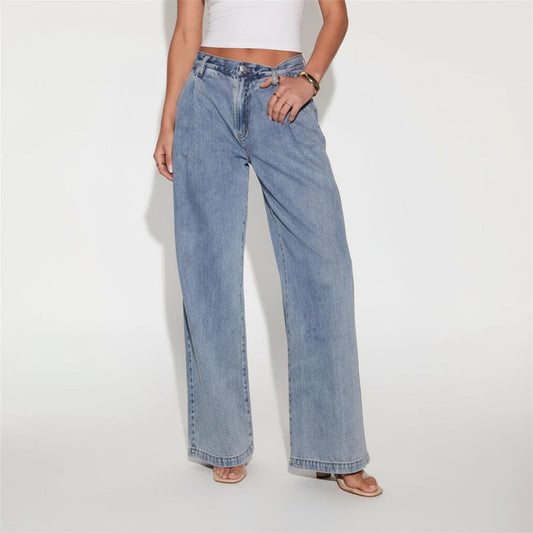 Light Denim Pleat Front Straight Leg Jeans