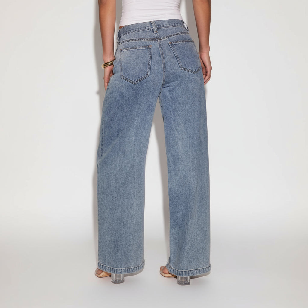 Light Denim Pleat Front Straight Leg Jeans