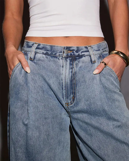 Light Denim Pleat Front Straight Leg Jeans