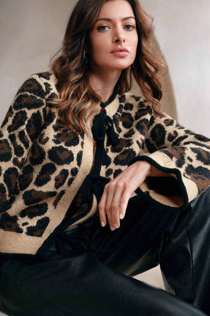 Amabel | Women's Tie-Front Leopard Print Long Sleeve Cardigan