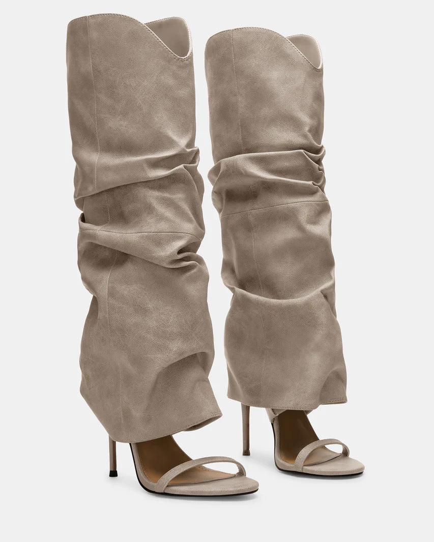 Arianne | Women's Open Toe Ruched Slouchy Stiletto Knee High Heel Boots
