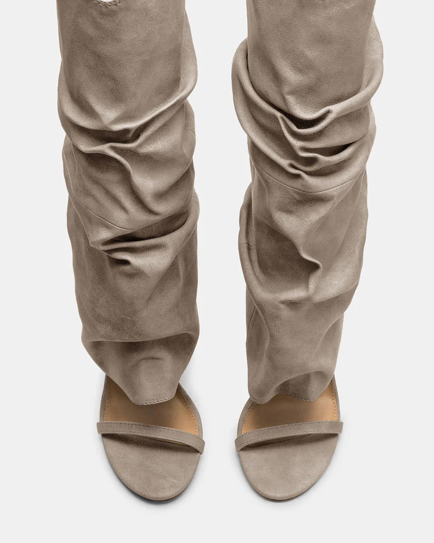 Arianne | Women's Open Toe Ruched Slouchy Stiletto Knee High Heel Boots