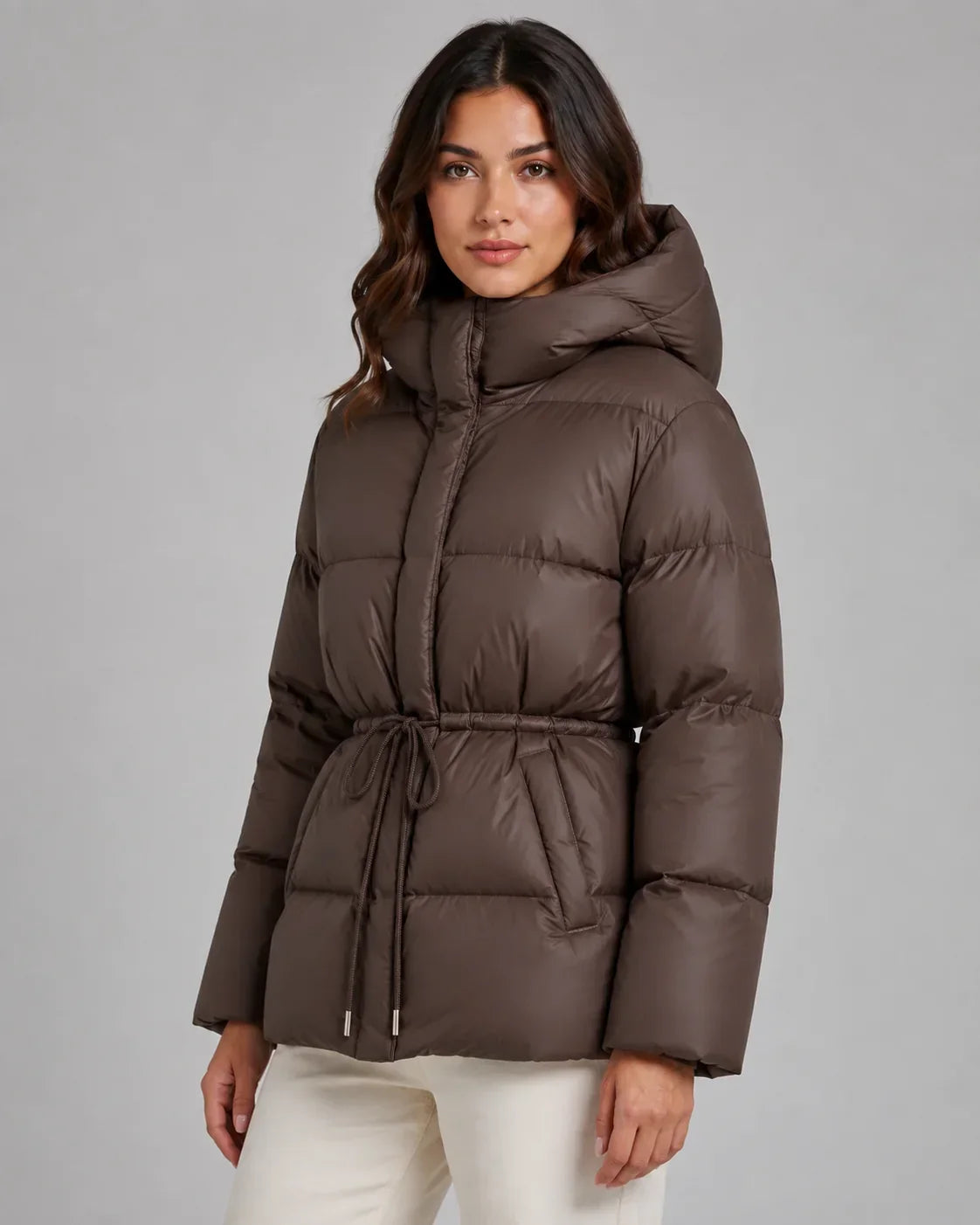 Brandi | Women's Drawstring Waist Zip Hooded Puffer Jacket
