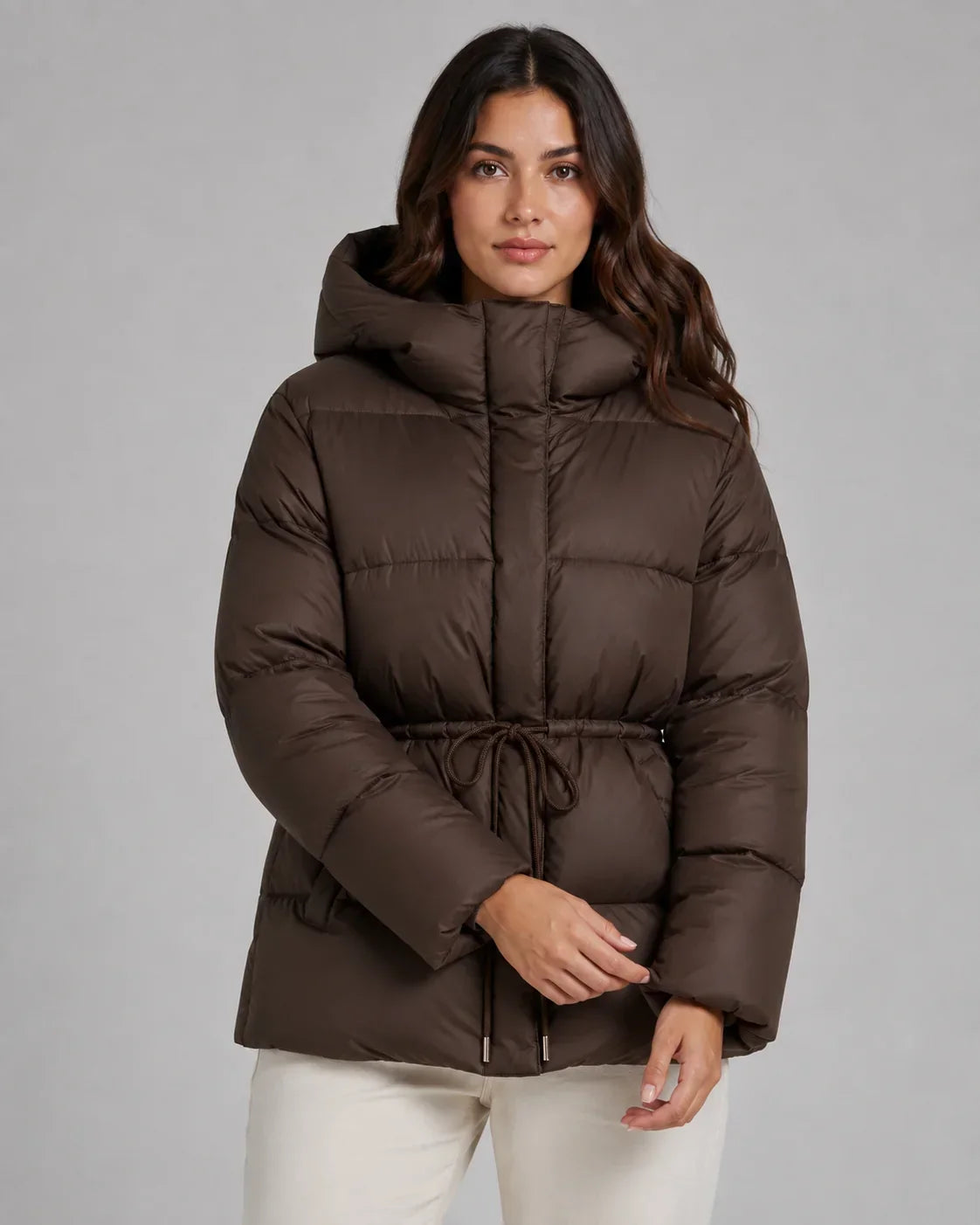 Brandi | Women's Drawstring Waist Zip Hooded Puffer Jacket