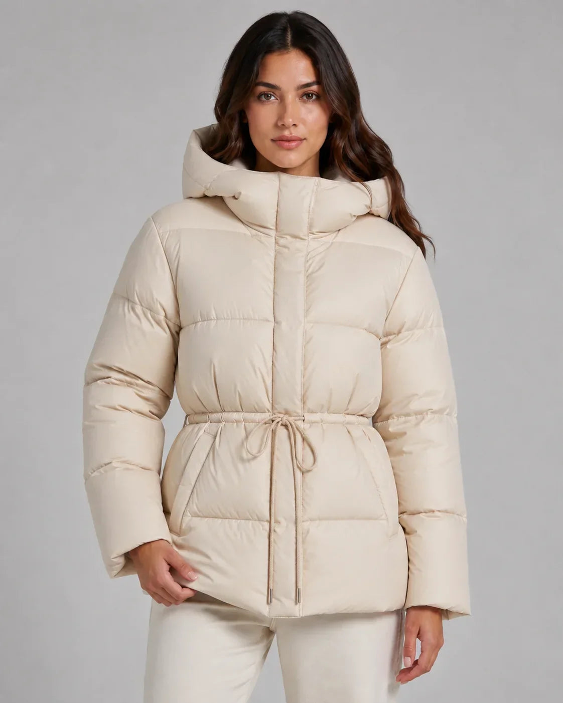 Brandi | Women's Drawstring Waist Zip Hooded Puffer Jacket