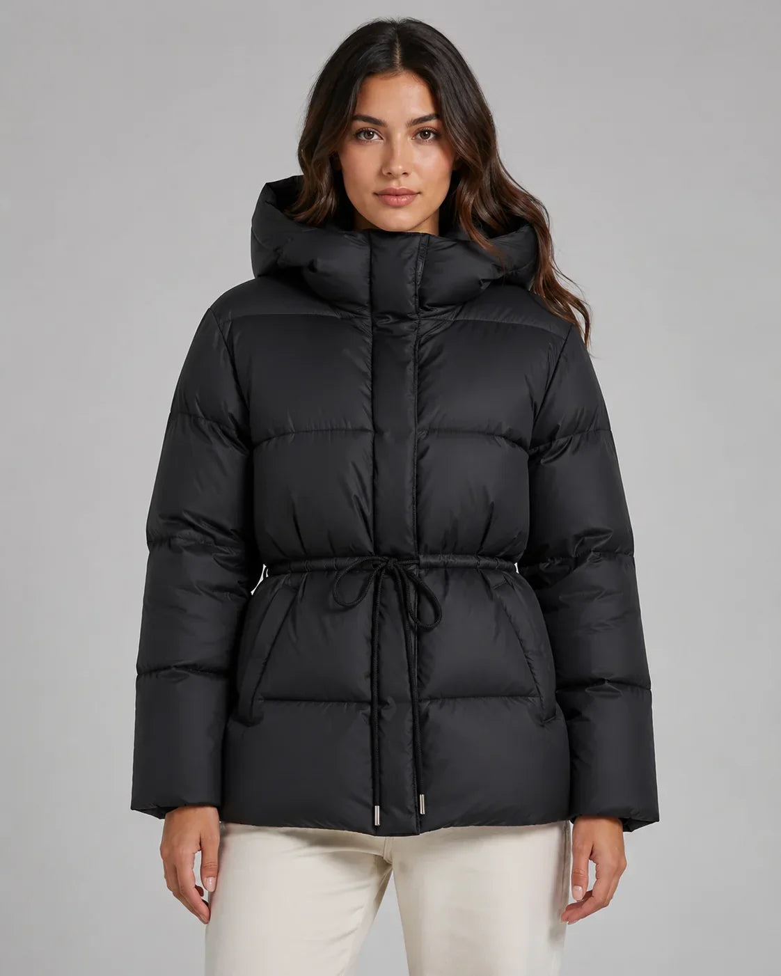 Brandi | Women's Drawstring Waist Zip Hooded Puffer Jacket