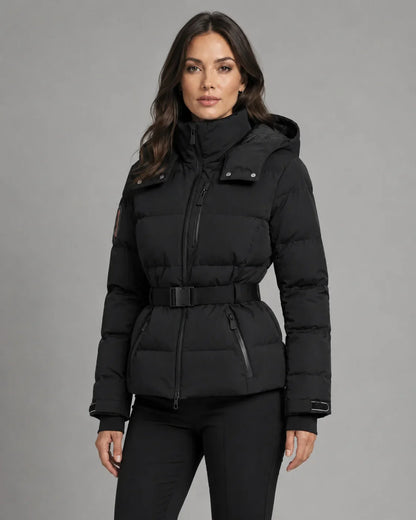 Eira | Women's Belted High Collar Zip Front Hooded Puffer Jacket