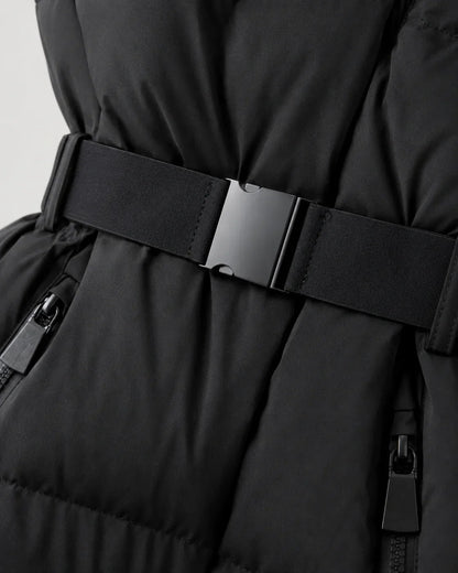 Eira | Women's Belted High Collar Zip Front Hooded Puffer Jacket