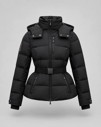 Eira | Women's Belted High Collar Zip Front Hooded Puffer Jacket
