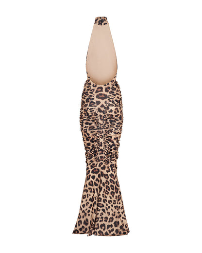 Estelle | Women's High-Neck Sleeveless Backless Ruched Leopard Maxi Dress
