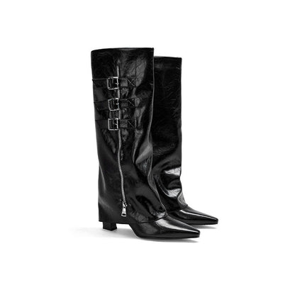 Evania | Women's Pointed Toe Buckle Side Zip Low Block Heel Knee High Boots
