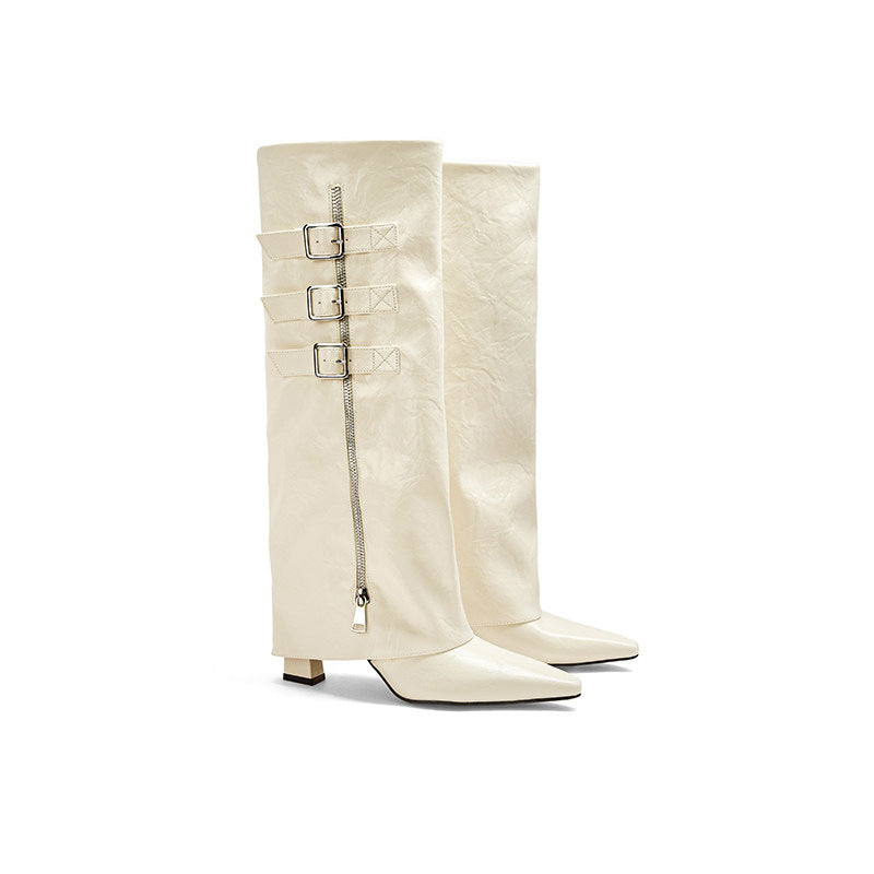 Evania | Women's Pointed Toe Buckle Side Zip Low Block Heel Knee High Boots