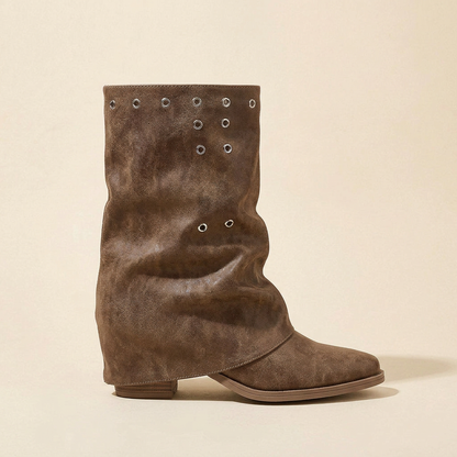 Joanie | Women's Square Toe Eyelet Detail Low Block Ankle Heel Boots