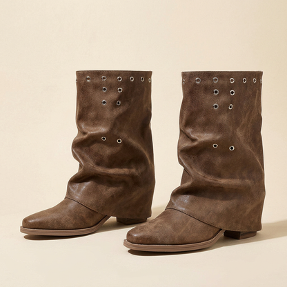 Joanie | Women's Square Toe Eyelet Detail Low Block Ankle Heel Boots