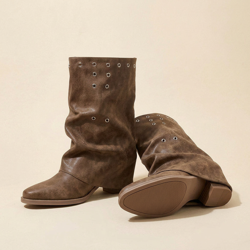 Joanie | Women's Square Toe Eyelet Detail Low Block Ankle Heel Boots