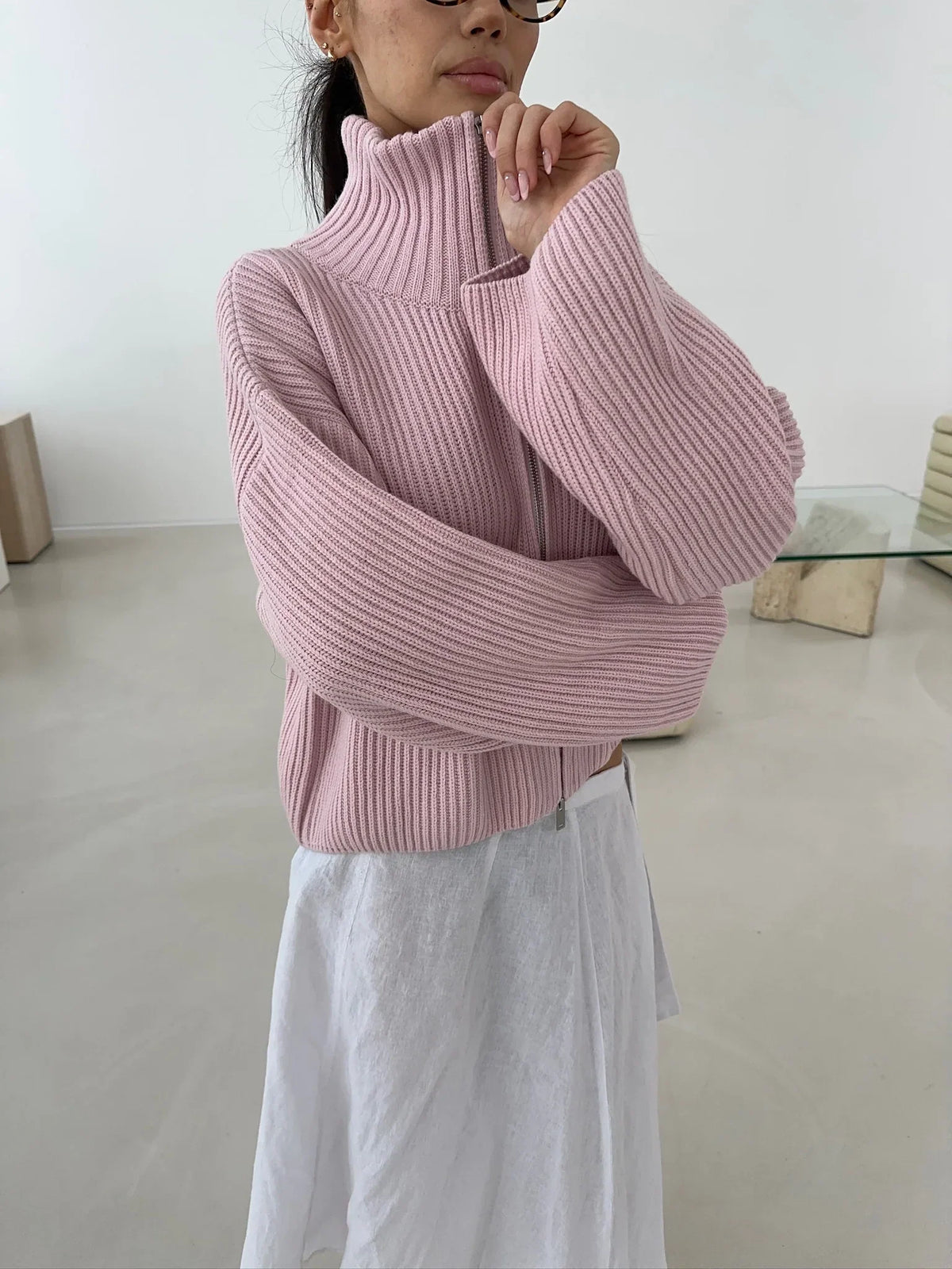 Kristina | Women's Oversized Ribbed Half Zip Knit Sweater Cardigan