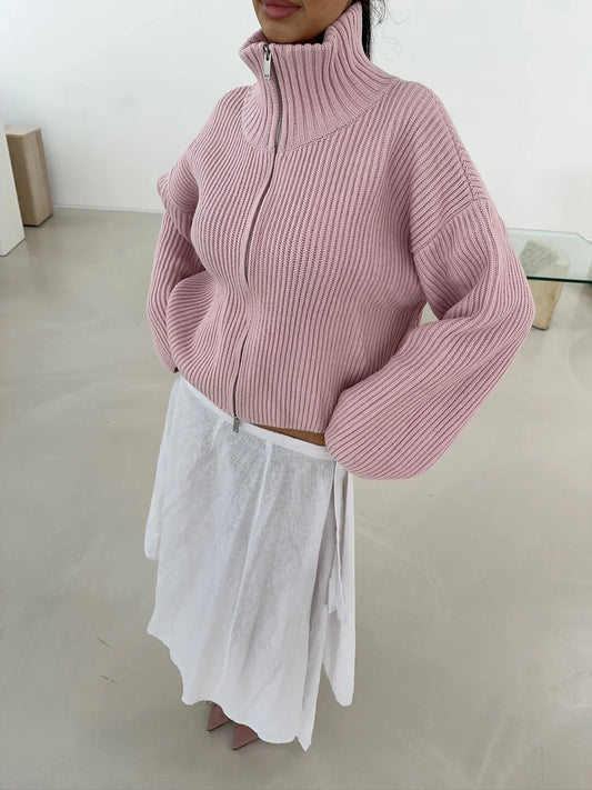 Kristina | Women's Oversized Ribbed Half Zip Knit Sweater Cardigan