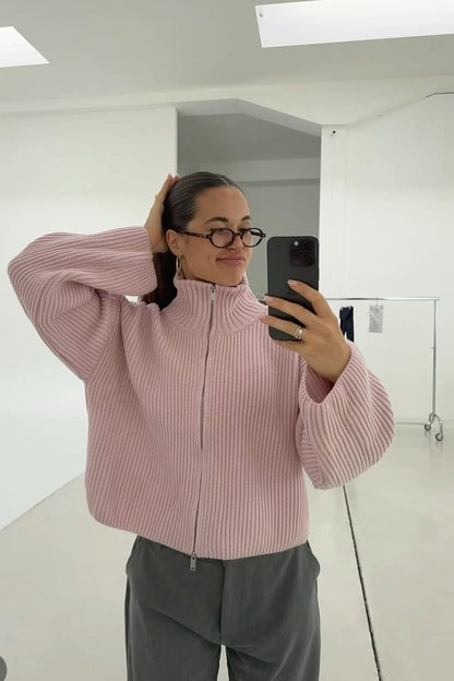 Kristina | Women's Oversized Ribbed Half Zip Knit Sweater Cardigan