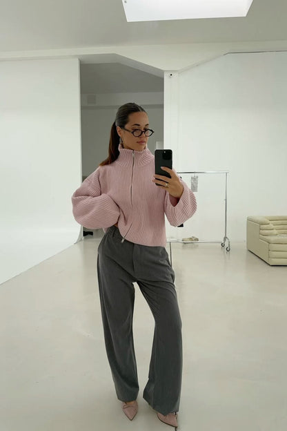 Kristina | Women's Oversized Ribbed Half Zip Knit Sweater Cardigan