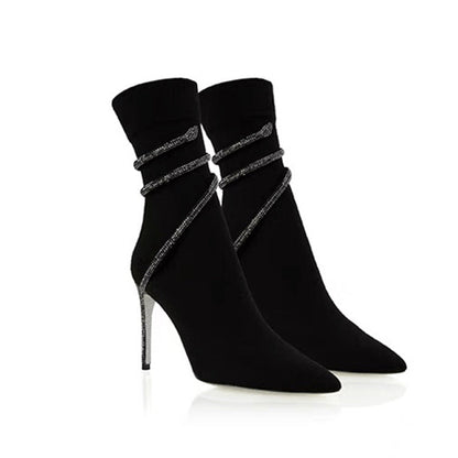 Lilou | Women's Pointed Toe Wrap Strap Stiletto Rhinestone Ankle Boots