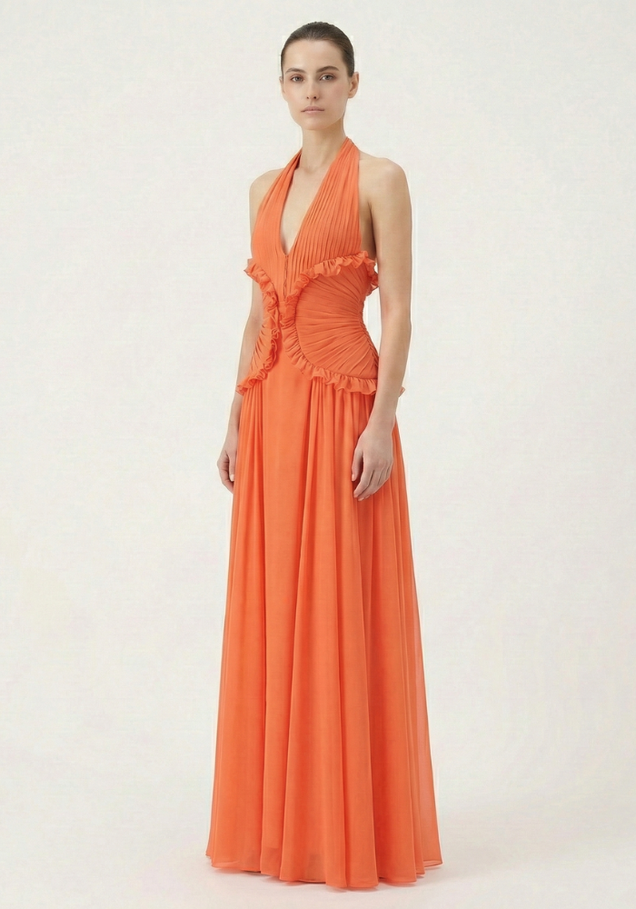 Marlowe | Women's Halter Ruffle A-Line Maxi Wedding Guest Dress