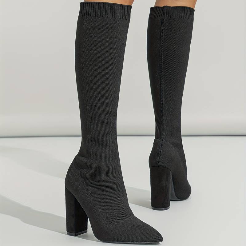 Rhea | Women's Pointed Toe Ribbed Knee High Sock Block Heel Boots