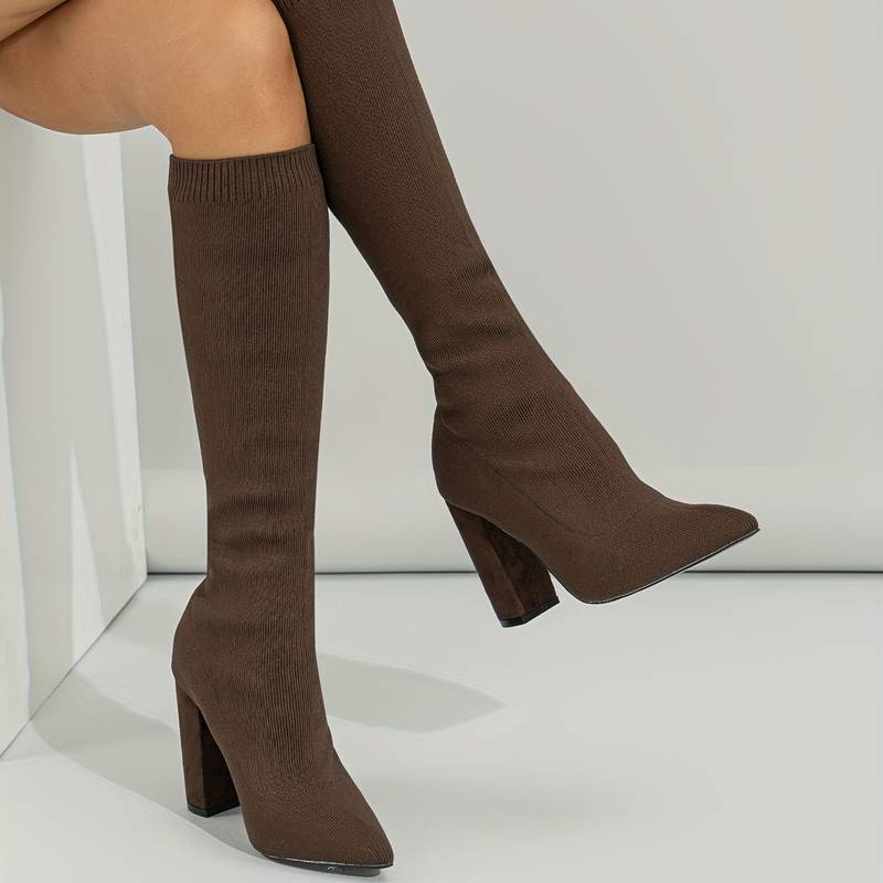 Rhea | Women's Pointed Toe Ribbed Knee High Sock Block Heel Boots