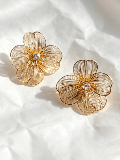 Yaretzi | Women's Floral Stud Oversized Petal Crystal Center Line Detail Earrings