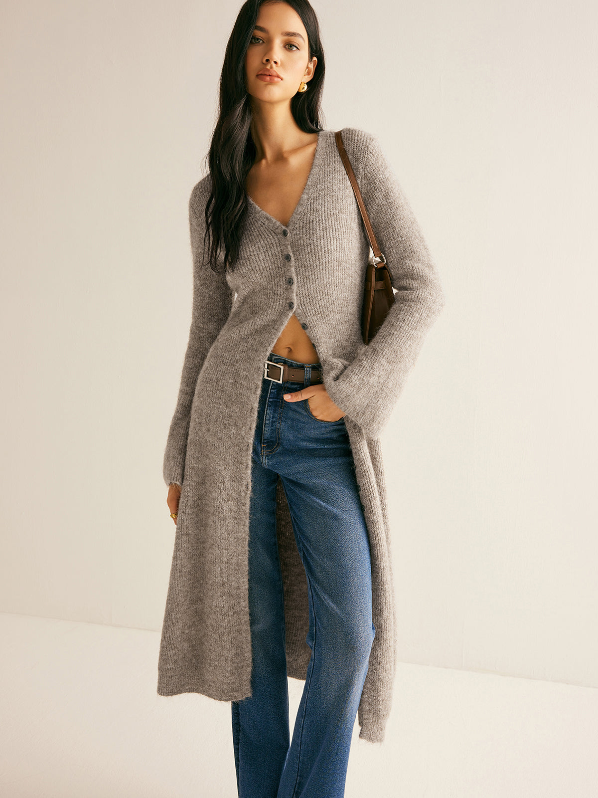 Zuri | Women's V-Neck Longline Knit Long Sleeve Cardigan