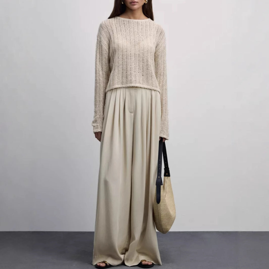 Pleated Beige Wide Leg Pants