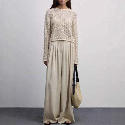 Pleated Beige Wide Leg Pants