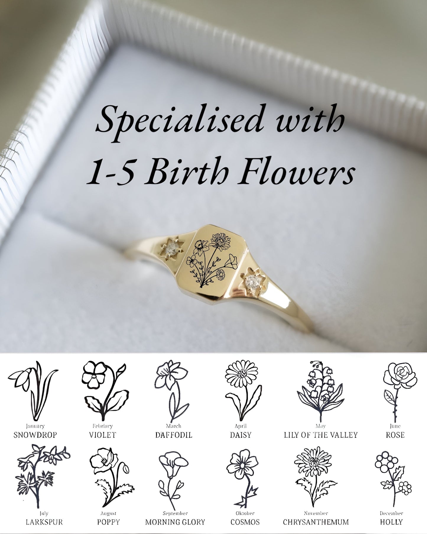 Personalized Birth flower gold ring, Statement flower rings, Dainty Birth flowers ring for women, , Custom flower ring, Minimalist ring