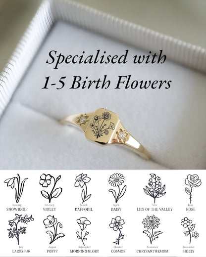 Personalized Birth flower gold ring, Statement flower rings, Dainty Birth flowers ring for women, , Custom flower ring, Minimalist ring