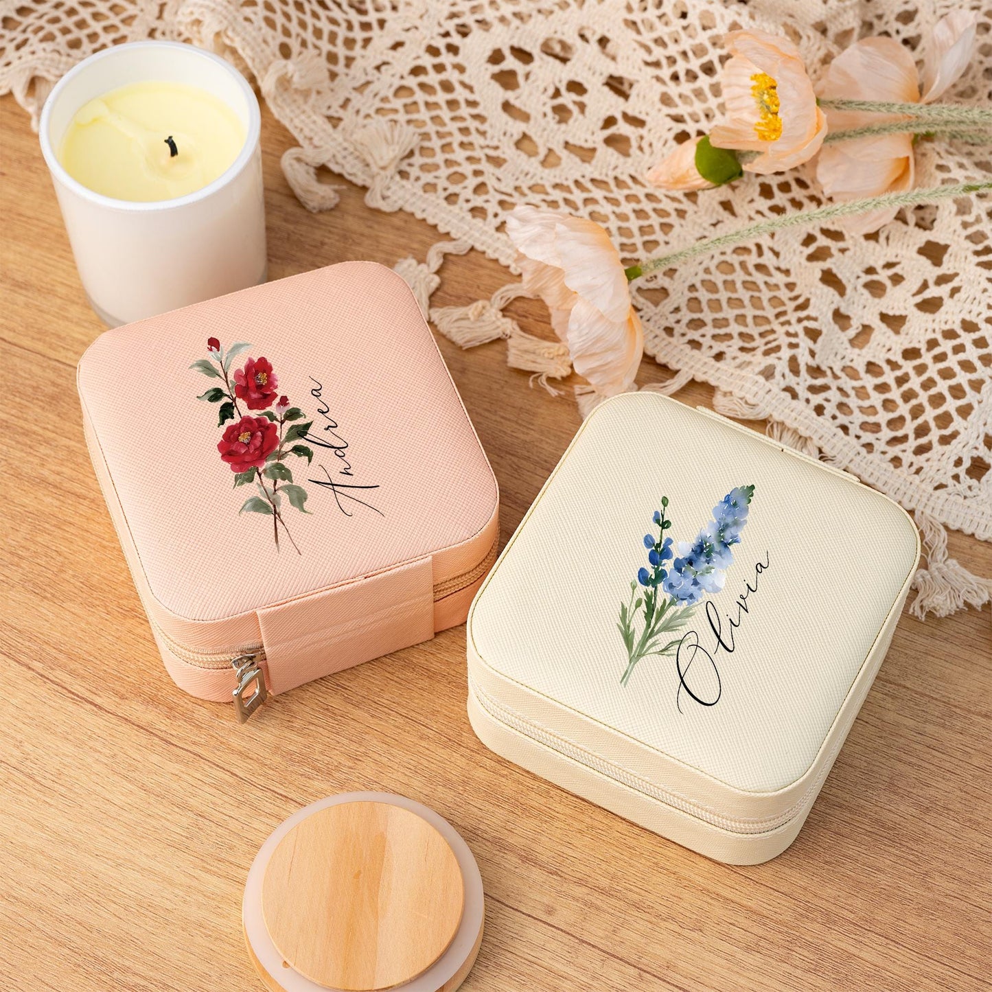 Personalized Jewellery Box,Travel Jewellery Case,Birth Flower Jewellery Case,Floral Jewellery Organizer,Birthday Gift for Her,Wedding Gift