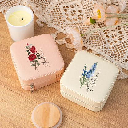 Personalized Jewellery Box,Travel Jewellery Case,Birth Flower Jewellery Case,Floral Jewellery Organizer,Birthday Gift for Her,Wedding Gift