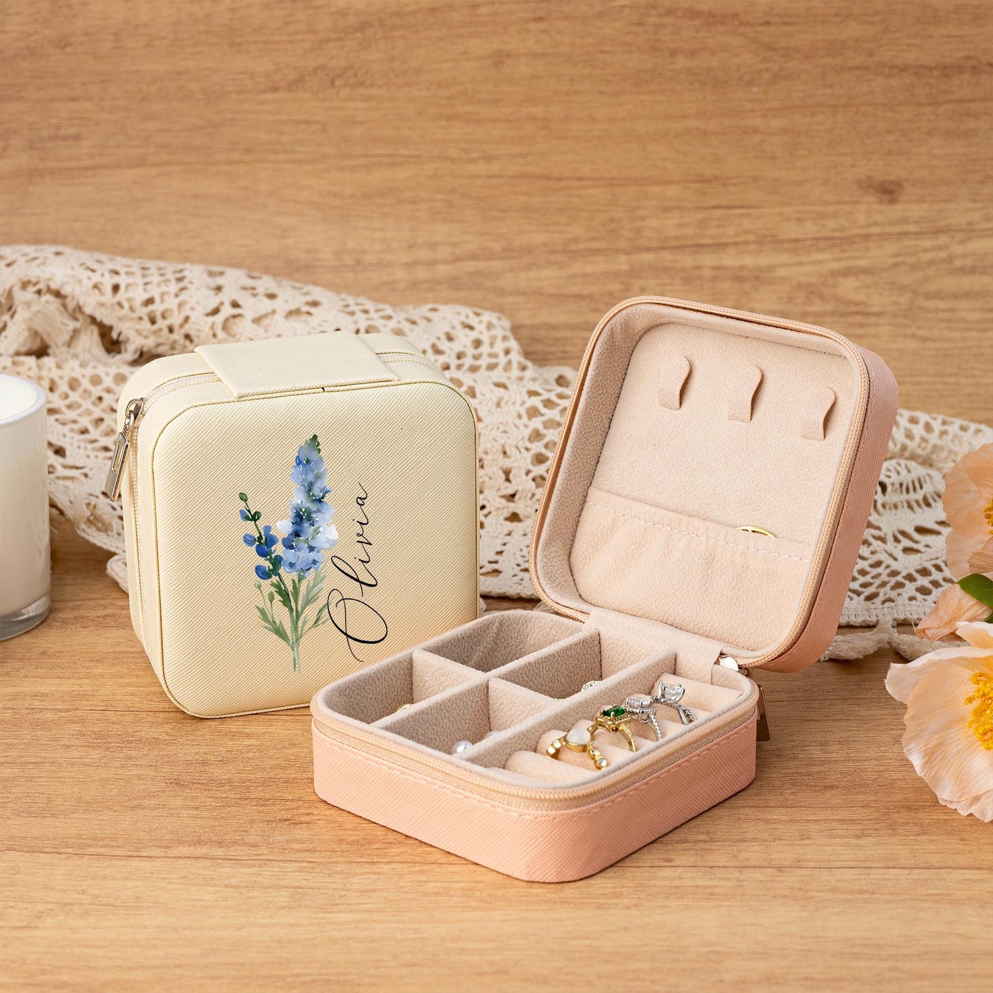 Personalized Jewellery Box,Travel Jewellery Case,Birth Flower Jewellery Case,Floral Jewellery Organizer,Birthday Gift for Her,Wedding Gift
