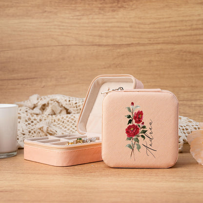 Personalized Jewellery Box,Travel Jewellery Case,Birth Flower Jewellery Case,Floral Jewellery Organizer,Birthday Gift for Her,Wedding Gift