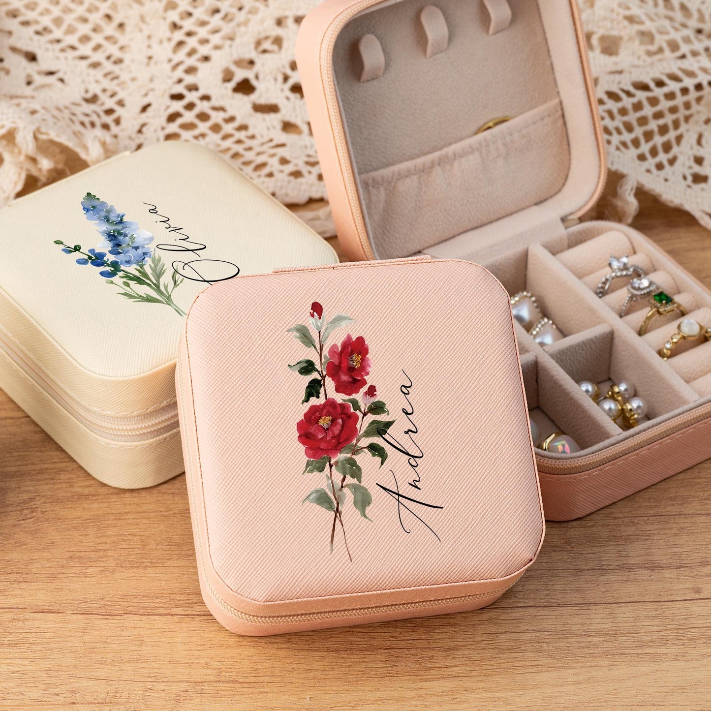 Personalized Jewellery Box,Travel Jewellery Case,Birth Flower Jewellery Case,Floral Jewellery Organizer,Birthday Gift for Her,Wedding Gift