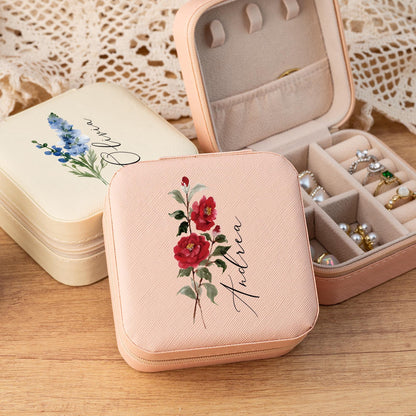 Personalized Jewellery Box,Travel Jewellery Case,Birth Flower Jewellery Case,Floral Jewellery Organizer,Birthday Gift for Her,Wedding Gift