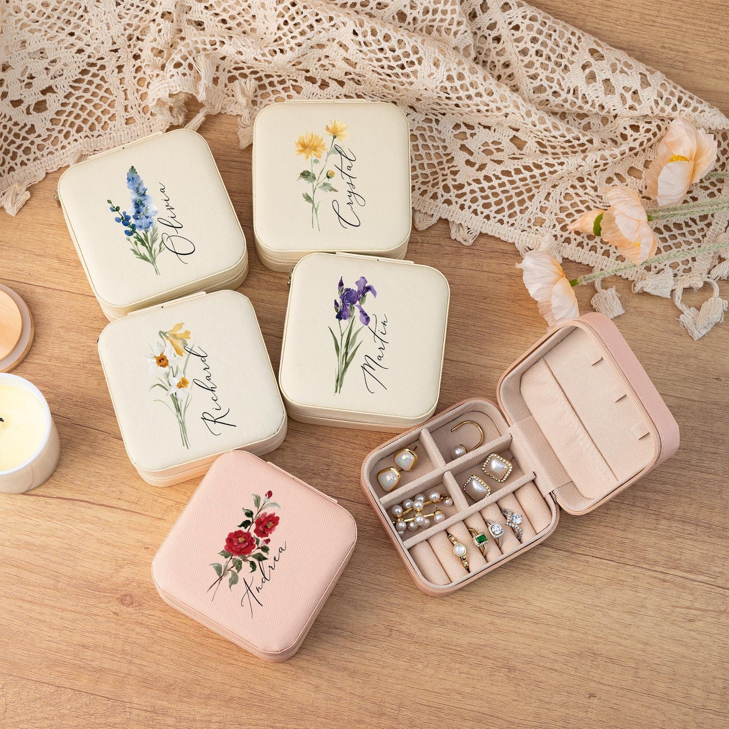 Personalized Jewellery Box,Travel Jewellery Case,Birth Flower Jewellery Case,Floral Jewellery Organizer,Birthday Gift for Her,Wedding Gift