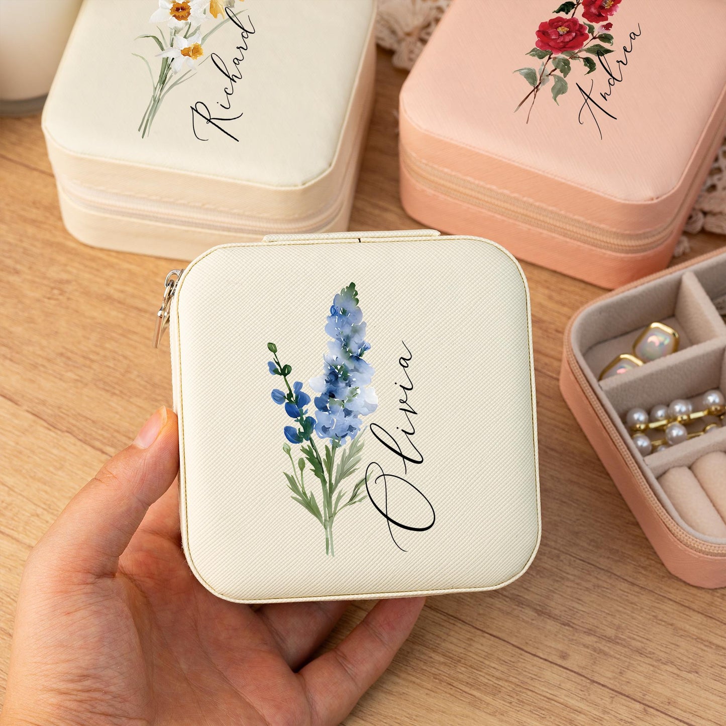 Personalized Jewellery Box,Travel Jewellery Case,Birth Flower Jewellery Case,Floral Jewellery Organizer,Birthday Gift for Her,Wedding Gift