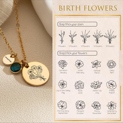 Family Birth Flower Bouquet Necklace, Engraved Birthflower Pendant, Mothers day Gift for Grandma, Birthstone Jewelry, Christmas Gift for Her