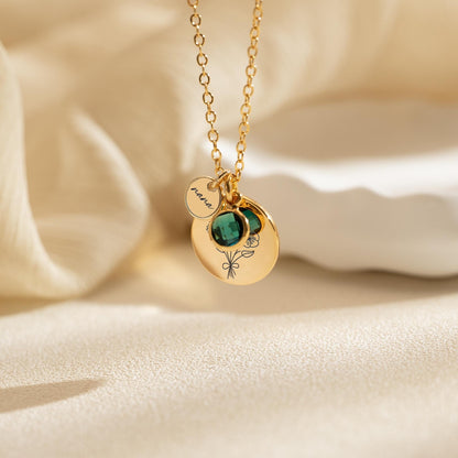 Family Birth Flower Bouquet Necklace, Engraved Birthflower Pendant, Mothers day Gift for Grandma, Birthstone Jewelry, Christmas Gift for Her