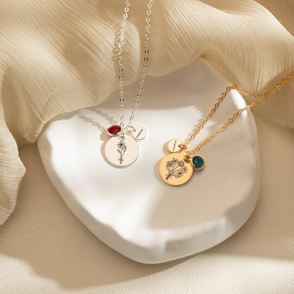 Family Birth Flower Bouquet Necklace, Engraved Birthflower Pendant, Mothers day Gift for Grandma, Birthstone Jewelry, Christmas Gift for Her