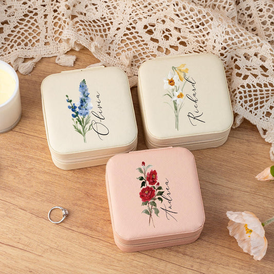 Personalized Jewellery Box,Travel Jewellery Case,Birth Flower Jewellery Case,Floral Jewellery Organizer,Birthday Gift for Her,Wedding Gift