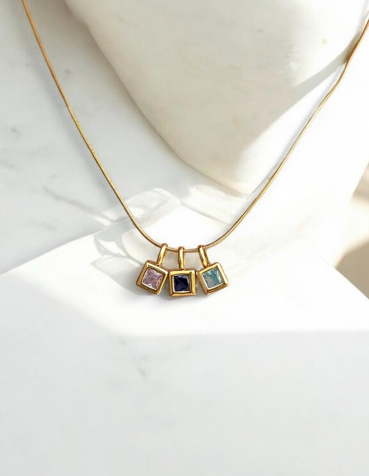 waterproof - birthstone necklace - hypoallergenic nickel free - tarnish free - custom personalized charm necklace - 18k gold plated - gift